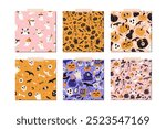 Set of Halloween seamless patterns. Black silhouette scary ghosts, skeleton, bat and pumpkin background. Autumn holiday party spooky print. Funny happy graphic fabric texture. Vector flat illustration