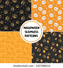 Set of Halloween seamless patterns. Black and orange halloween backgrounds for greeting card, gift box, wallpaper, fabric, web design.