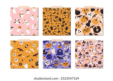 Set of Halloween seamless patterns. Black silhouette scary ghosts, skeleton, bat and pumpkin background. Autumn holiday party spooky print. Funny happy graphic fabric texture. Vector flat illustration