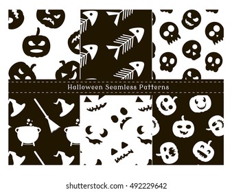 Set of Halloween Seamless Patterns in Black and White Colors. Icons of pumpkins, cauldron,  skull, broom and fish skeleton. Vector illustration.