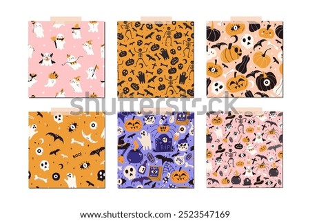 Set of Halloween seamless patterns. Black silhouette scary ghosts, skeleton, bat and pumpkin background. Autumn holiday party spooky print. Funny happy graphic fabric texture. Vector flat illustration