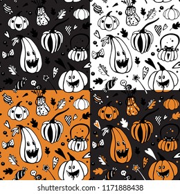 Set of halloween seamless patterns with different pumpkins. Vector seamless background. Endless texture can be used for wallpaper, surface textures, web page background.