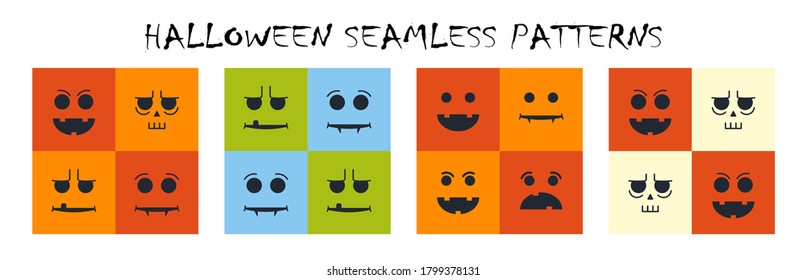 Set of halloween seamless patterns with faces like jack pumpkin, vampire, monster. Flat vector halloween geometric patterns for textile products or packaging. Vector illustration