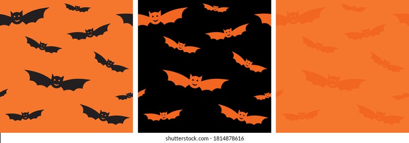 Set of Halloween seamless patterns with flying bats. Bat silhouettes for wrapping paper, postcards, home textile, fabric, costumes. Vector illustration isolated. Halloween holiday decorations set