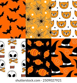 Set of Halloween seamless patterns. Holidays wallpapers