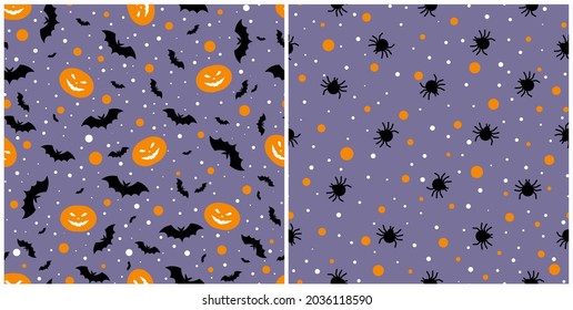 Set of Halloween seamless patterns on purple-gray background. Patterns include black bats, orange pumpkins, spiders and spots. Flat design, vector.