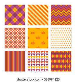 Set of Halloween seamless patterns in Orange, Violet and White. Argyle, Diagonal Lines, Chevron, Diamond, Pumpkins, Polka Dot, Stripes and Harlequin. Perfect for wallpaper, gift paper, greeting cards