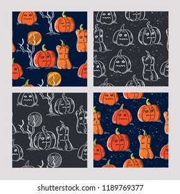 Set of Halloween seamless patterns with pumpkins. Background for textile, wallpapers, gift wrap and scrapbook. Vector illustration.