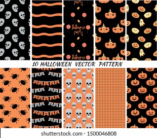 Set halloween seamless patterns. Pumpkins, skulls, sweets. Design for invitations, cards, wallpapers, gift wraps.
