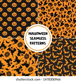 Set of Halloween seamless patterns. Scary pumpkins, bats, ghosts. Black and orange simple halloween design for greeting card, gift box, fabric, web design.