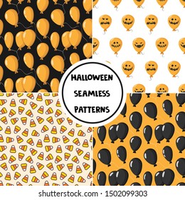 Set of Halloween seamless patterns with scary air balloons and candy corn for greeting card, gift box, wallpaper, fabric, web design.