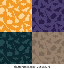 Set of halloween seamless patterns with halloween symbols. Vector illustration.