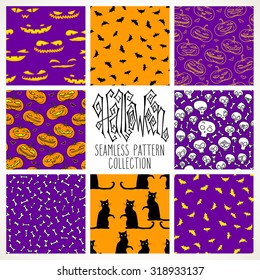 Set of Halloween seamless patterns with traditional pumpkins, skulls, bats and scary cats. Traditional Halloween patterns in orange and purple colors.