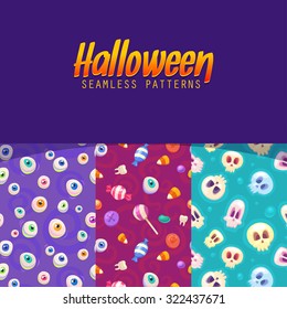 Set of Halloween seamless patterns. Vector background. Flat style. Endless background for your design, web page, texture, wallpaper