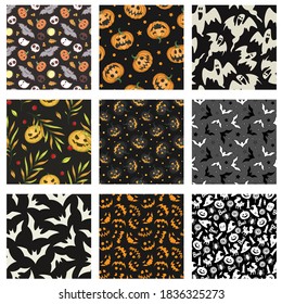Set of Halloween seamless patterns, for wrapping papers, greeting cards, invitations, posters, banners.