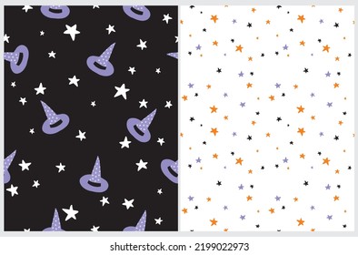 Set of Halloween Seamless Vector Patterns with With Hats and Stars on a Black and White Background. Pink Dottes Witch Hat Repeatable Print. Starry Sky Print. Cute Halloween Wallpaper.