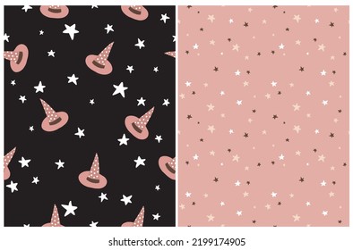 Set of Halloween Seamless Vector Patterns with With Hats and Stars on a Black and Blush Pink Background. Pink Dottes Witch Hat Repeatable Print. Starry Pink Backdrop ideal for Warrping Paper, Fabric.