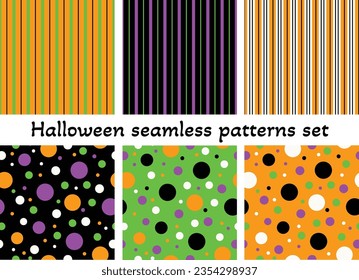 Set of Halloween seamless vector patterns in neon orange, black, green, purple. Textile, wrapping