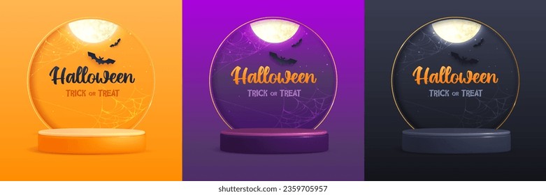 Set of Halloween showcase backgrounds with 3d podium, full moon and bat. Halloween spooky background. Vector illustration