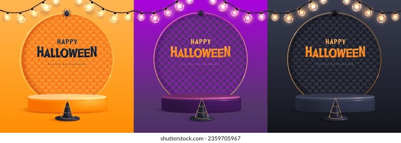 Conjunto de fondos de la vitrina de Halloween con 3d podio, sombrero de bruja y luces eléctricas. Halloween tiene un origen espeluznante. Ilustración del vector