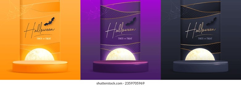 Set of Halloween showcase backgrounds with 3d podium, full moon and bat. Halloween spooky background. Vector illustration