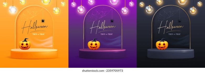 Conjunto de fondos de la vitrina de Halloween con podio 3d, calabaza de halloween y luces eléctricas. Halloween tiene un origen espeluznante. Ilustración del vector