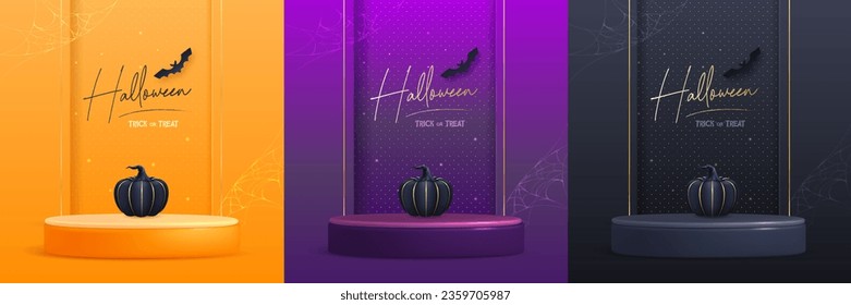 Set of Halloween showcase backgrounds with 3d podium, halloween pumpkin and spider web. Halloween spooky background. Vector illustration