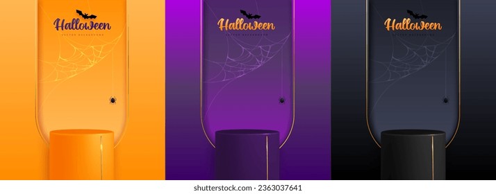 Conjunto de escenarios de Halloween con podio 3d, telaraña y murciélago. Halloween tiene un origen espeluznante. Ilustración del vector