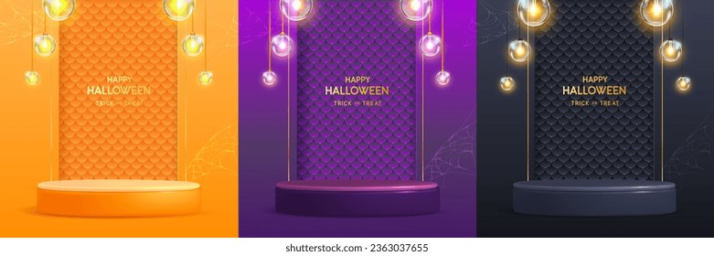 Set of Halloween showcase backgrounds with 3d podium, spider web and electric lights. Halloween spooky background. Vector illustration