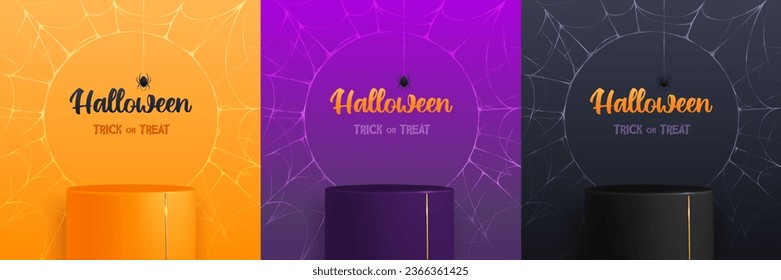 Set of Halloween showcase backgrounds with 3d podium and spider web. Halloween spooky background. Vector illustration