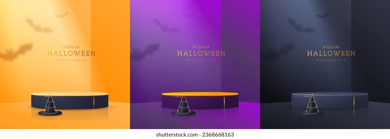 Set of Halloween showcase backgrounds with 3d podium, witch hat and bat shadow. Halloween spooky background. Vector illustration