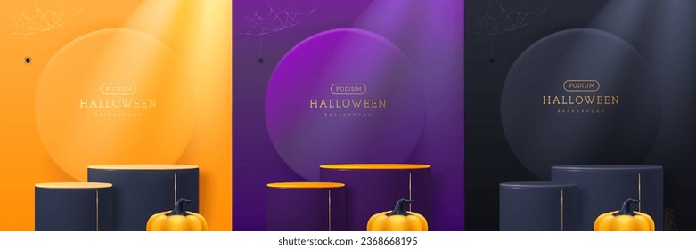 Set von Halloween Showcase Hintergründen mit 3D Podien, Halloween Kürbis und Spinnennetz. Halloween, unscharfer Hintergrund. Vektorgrafik