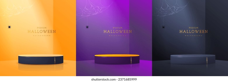 Set of Halloween showcase backgrounds with 3d podium and spider web. Halloween spooky background. Vector illustration