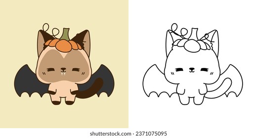 Set Halloween Siamese Cat Multicolored and Black and White. Kawaii Clip Art Halloween Cat. Cute Vector Illustration of a Kawaii Halloween Animal in a Vampire Costume. 