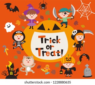 Set of halloween sign, symbol, objects, items and cute cartoon children.