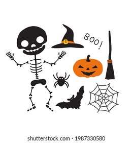 Set of halloween sign, symbol, objects, items and cartoon characters. illustration Vector