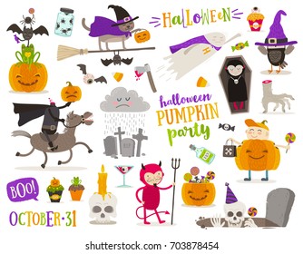 Set of halloween sign, symbol, objects, items and cartoon characters. Vector illustration.