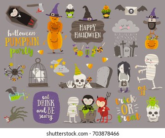 Set of halloween sign, symbol, objects, items and cartoon characters. Vector illustration.