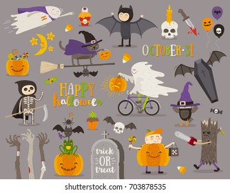 Set of halloween sign, symbol, objects, items and cartoon characters. Vector illustration.