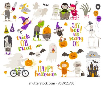 Set of halloween sign, symbol, objects, items and cartoon characters. Vector illustration.