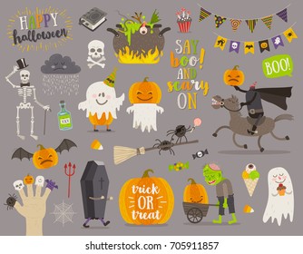 Set of halloween sign, symbol, objects, items and cartoon characters. Vector illustration.