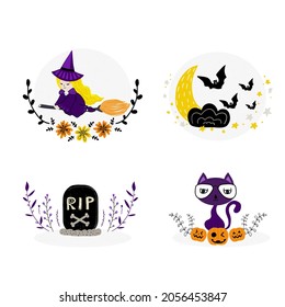 Set of Halloween signs, badges and labels design. Halloween borders dividers collection, decorative elements with han drawn little witch. Vector illustration.
