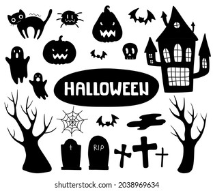 Set of halloween silhouette. Collection of simple isolated vector doodle elements.