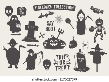 Set of halloween silhouette doodle cartoon character. stock vector.