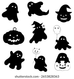 set of halloween silhouette with ghosts, pumpkins and spooky elements in dark style