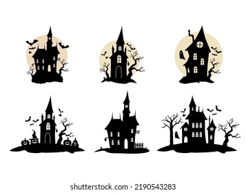 Set of Halloween silhouette houses with bat, pumpkin and ghost on white background. Day of dead vector illustration