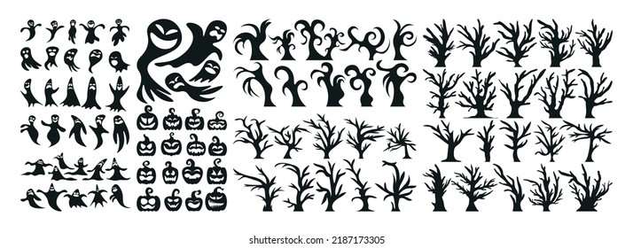 Set of Halloween Silhouette Icon and Character. Halloween Vector Illustration Isolated on White Background