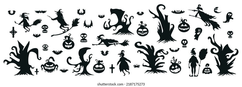 Set of Halloween Silhouette Icon and Character. Halloween Vector Illustration Isolated on White Background
