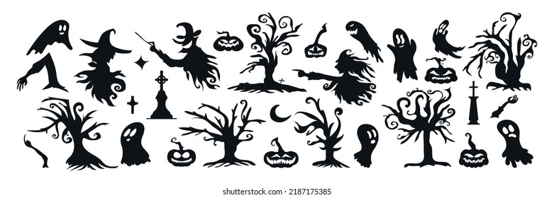 Set of Halloween Silhouette Icon and Character. Halloween Vector Illustration Isolated on White Background