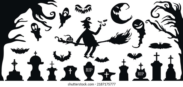 Set of Halloween Silhouette Icon and Character. Halloween Vector Illustration Isolated on White Background